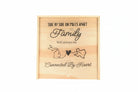Wooden keepsake box engraved with the phrase “Side by side or miles apart, family will always be connected by heart,” featuring state outlines connected by a heart, symbolizing long-distance family love.