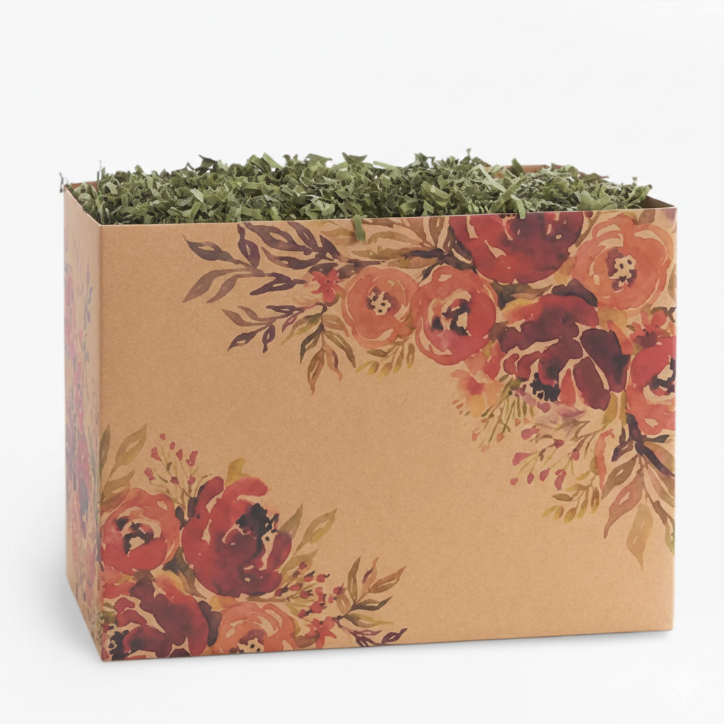 Square floral gift box with autumn rose pattern filled with green shredded paper on a white background