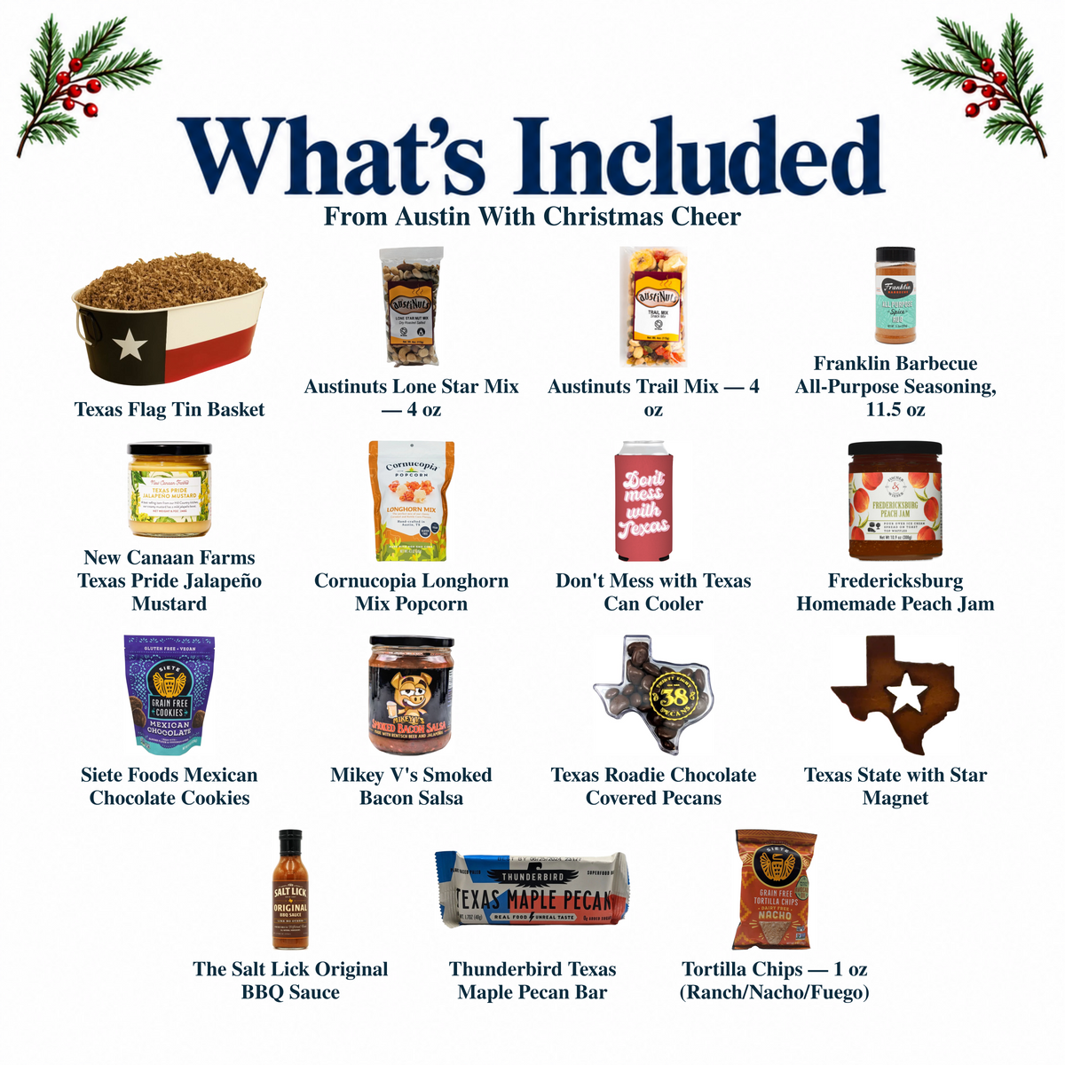 What's included in From Austin With Christmas Cheer from The Texas Gift Company: each included item individually labeled.