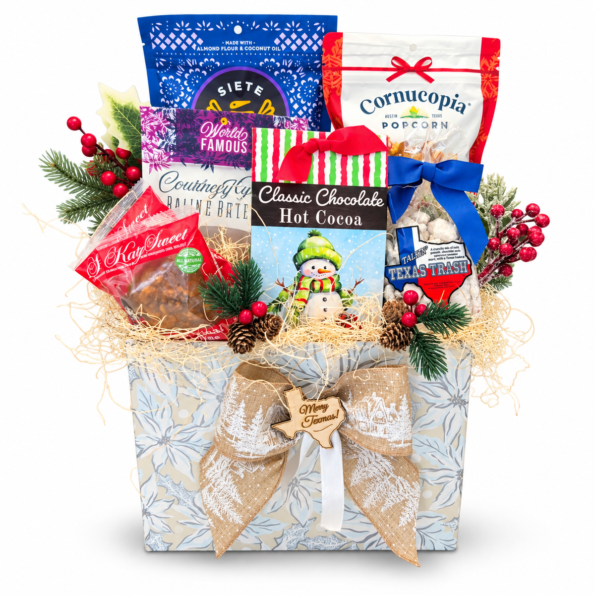 Frosted Texas Christmas Box in a winter-white basket box with festive sweets and cocoa