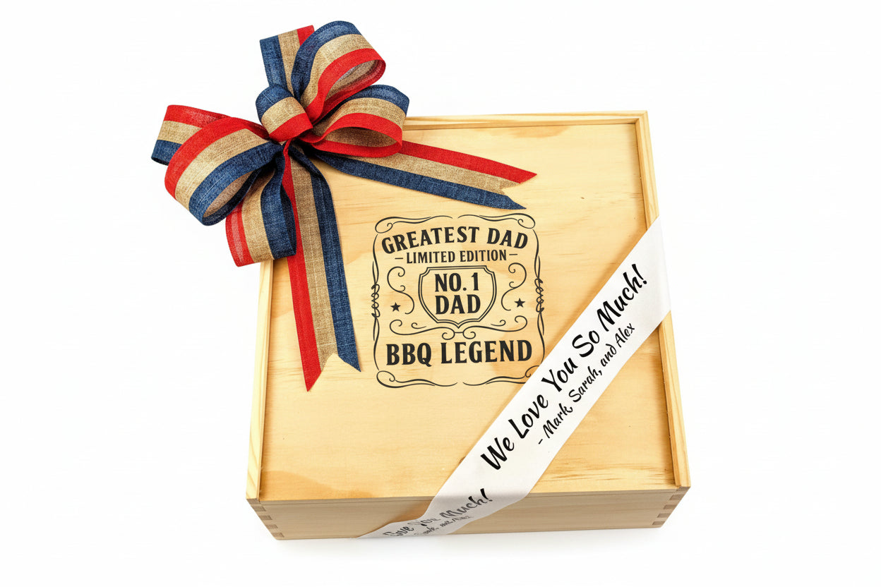 Personalized wooden gift box engraved with “Greatest Dad – Limited Edition No. 1 Dad BBQ Legend,” featuring a red, blue, and gold ribbon bow and a custom message ribbon reading “We Love You So Much,” designed as a Father’s Day or BBQ-themed gift.