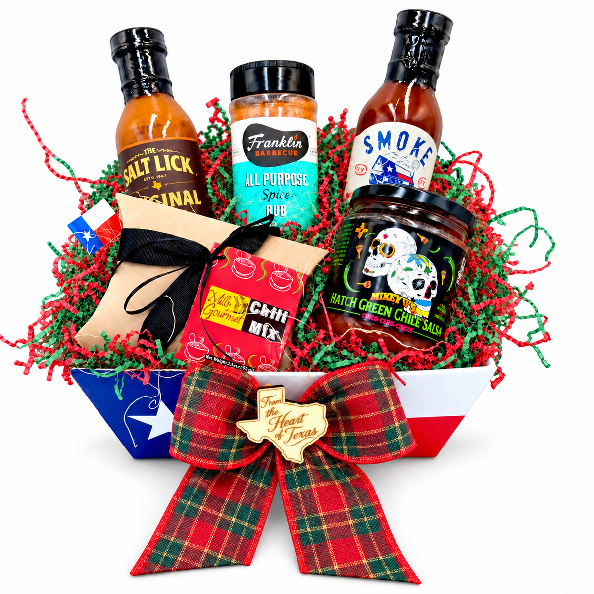 Grill Master's Christmas Medley — Texas barbecue gift with plaid ribbon on white