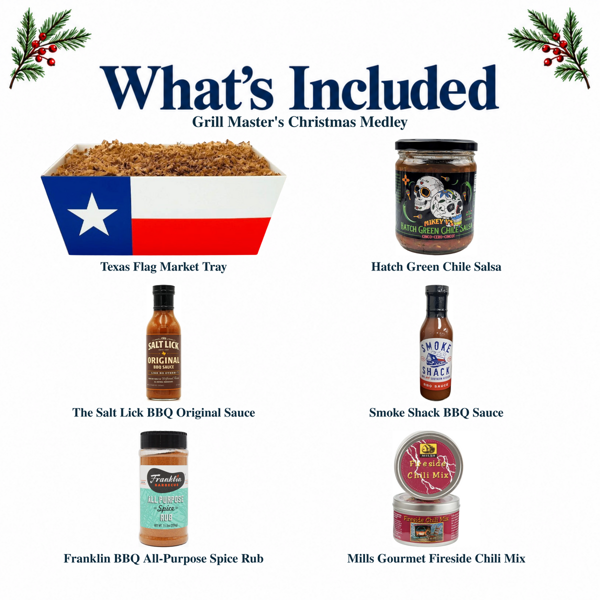 What's included in Grill Master's Christmas Medley from The Texas Gift Company: each included item individually labeled.