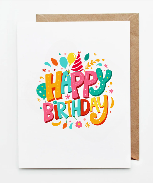 Bright and colorful happy birthday greeting card featuring playful lettering, balloons, confetti, and festive illustrations on a white background with a kraft envelope