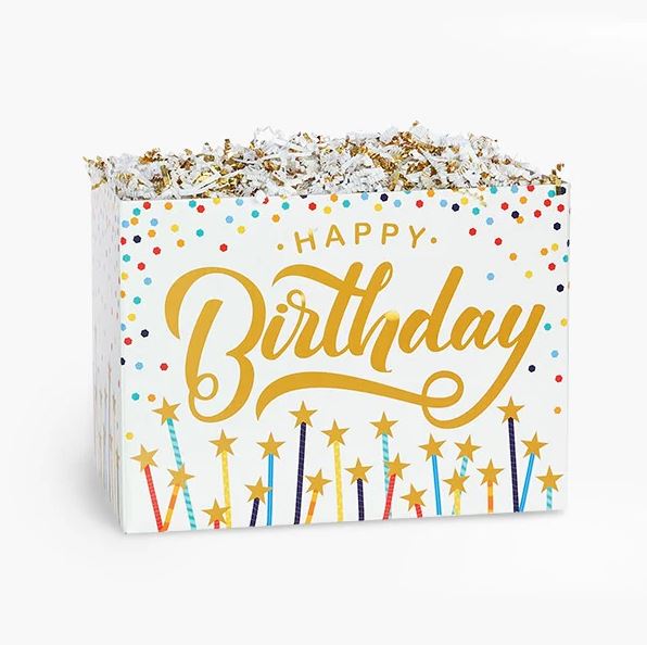 Happy birthday gift box with gold script lettering, colorful confetti design, and shredded paper filler