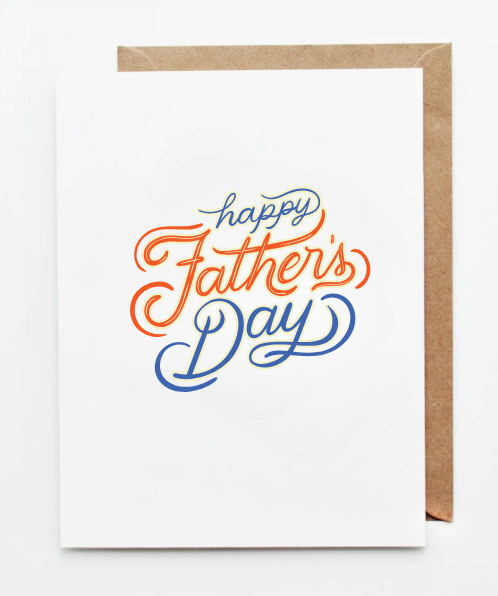 Colorful Happy Father’s Day greeting card with decorative script lettering in orange and blue.