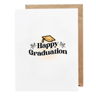Happy Graduation greeting card with graduation cap illustration and celebratory rays on a white background