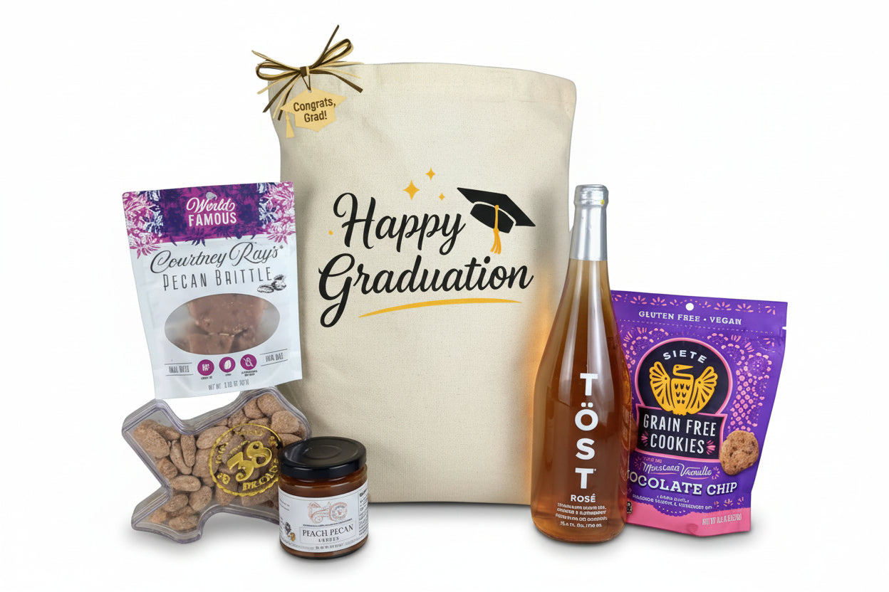 Happy Graduation gift tote filled with celebratory treats arranged for gifting