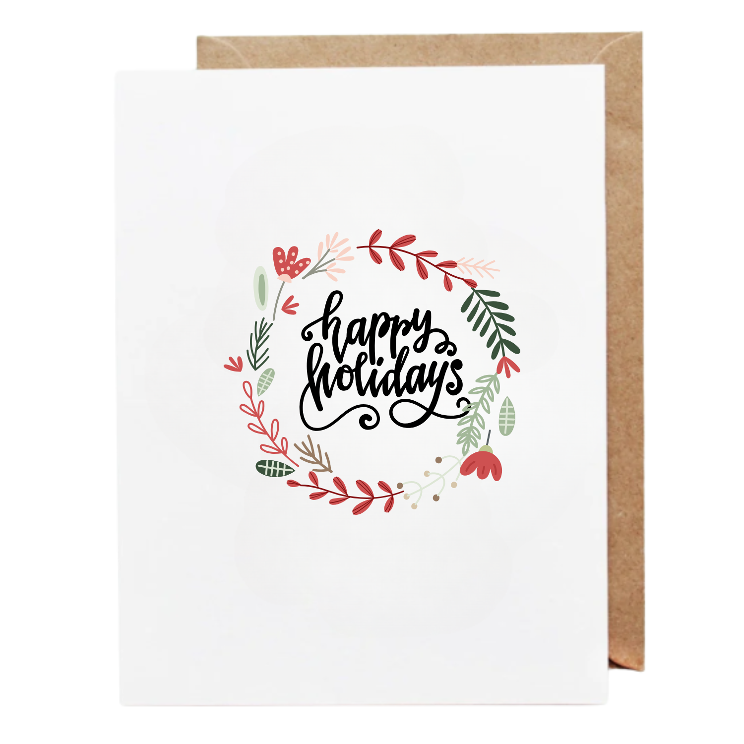 Happy Holidays greeting card featuring hand-drawn floral wreath with festive leaves and decorative script typography.