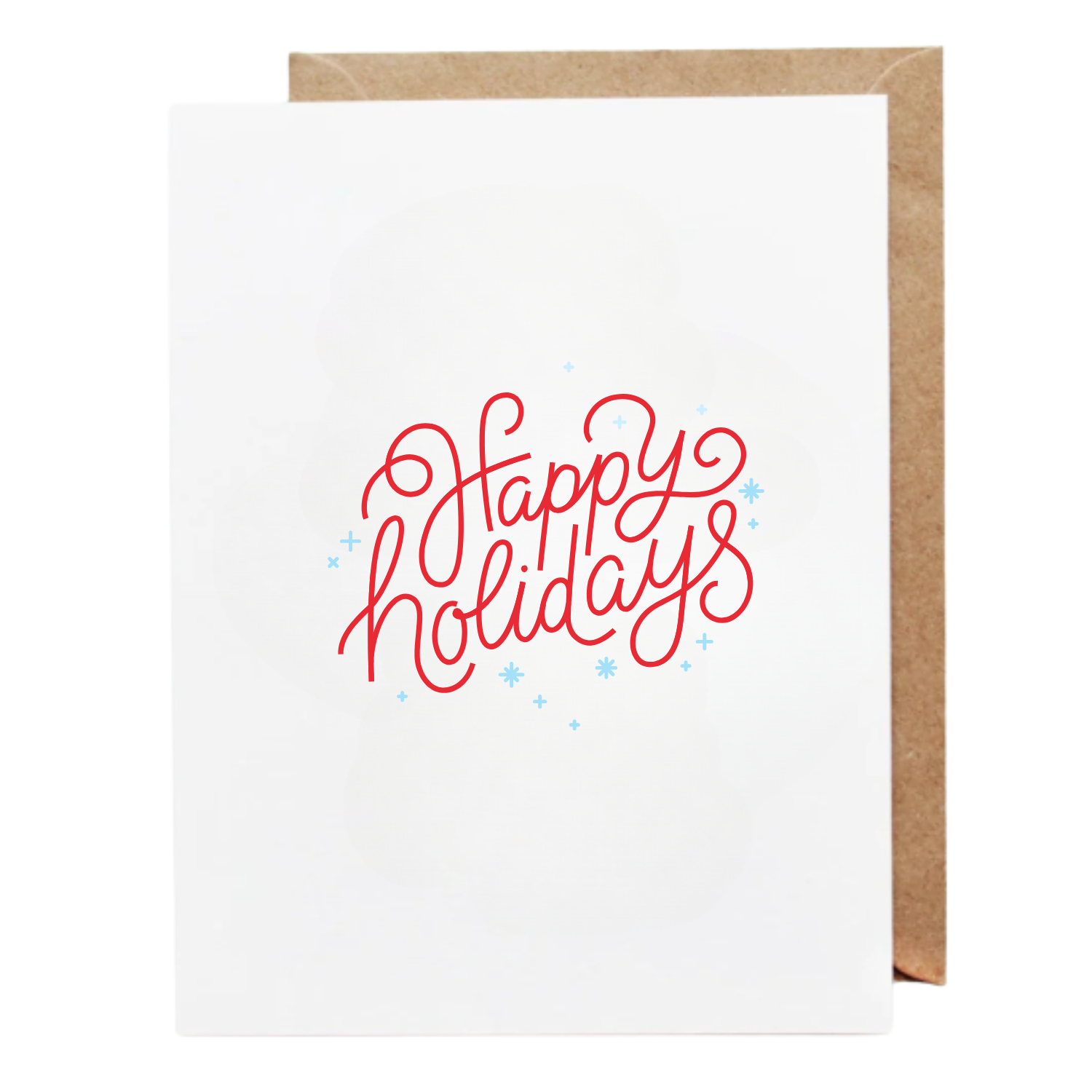 Minimal Happy Holidays card with bold red hand-lettered script and small snowflake accents on a white background.