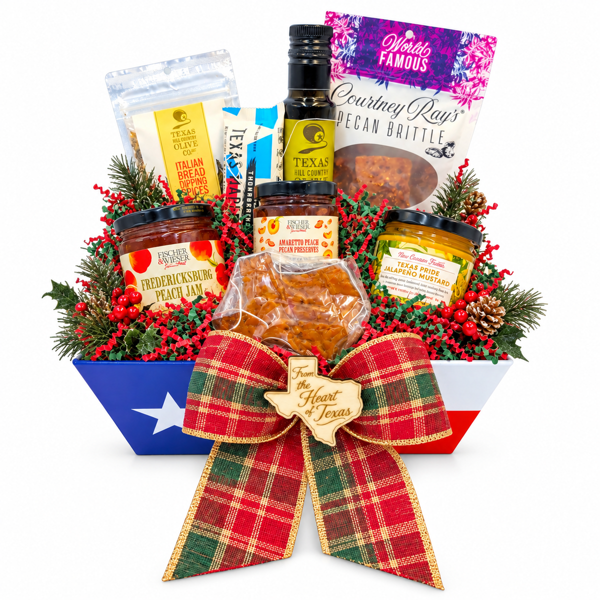Hill Country Christmas Harvest — Texas pantry gift with plaid ribbon on white