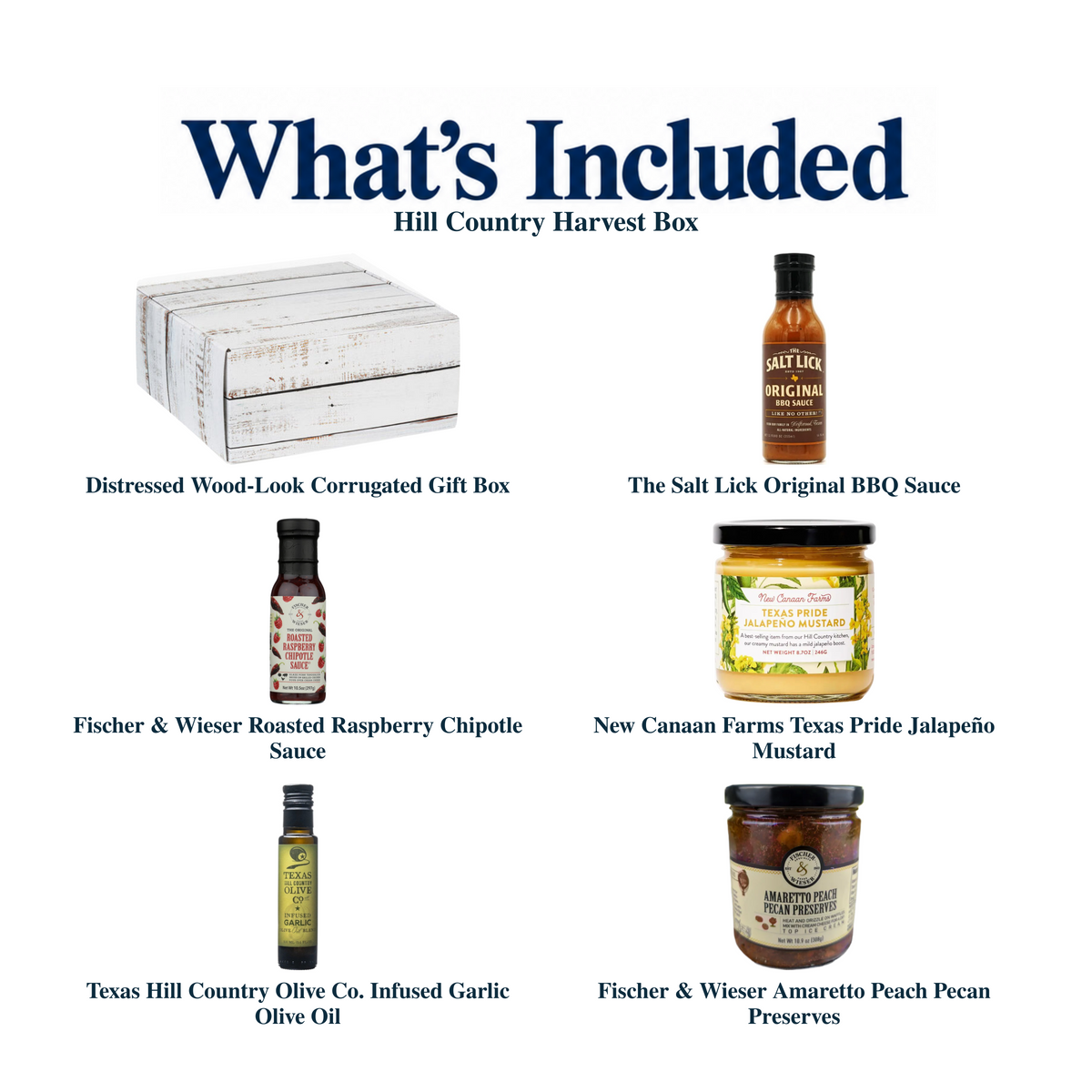 What's included in Hill Country Harvest Box from The Texas Gift Company: each included item individually labeled.