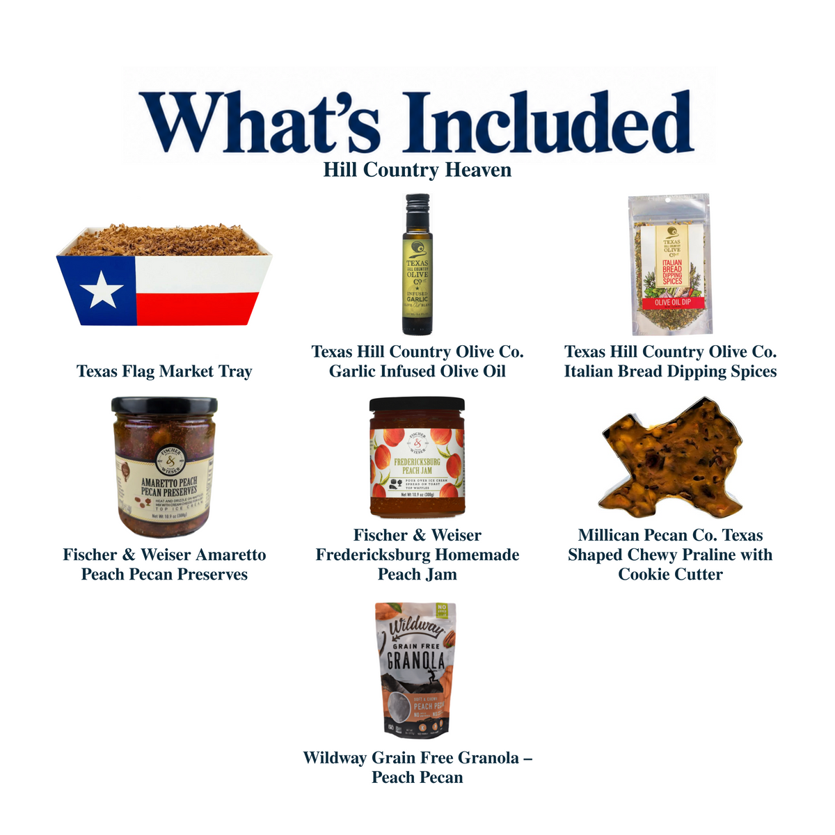 What's included in Hill Country Heaven from The Texas Gift Company: each included item individually labeled.