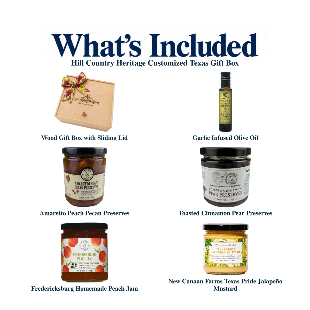 What's included in Hill Country Heritage Customized Texas Gift Box from The Texas Gift Company: each included item individually labeled.