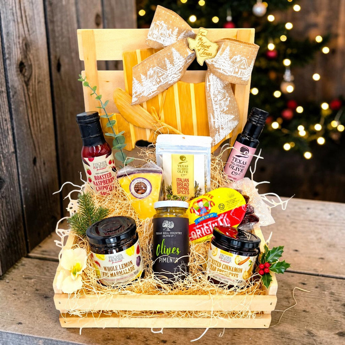 Hill Country Holiday Pantry in a wood pin-cover crate