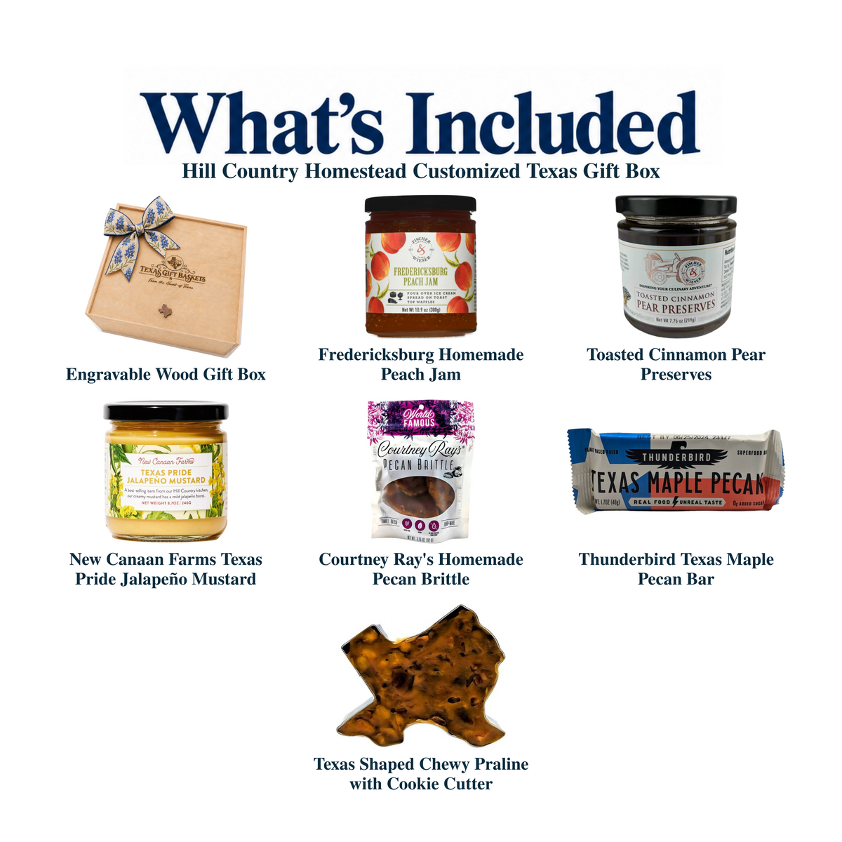 What's included in Hill Country Homestead Customized Texas Gift Box from The Texas Gift Company: each included item individually labeled.