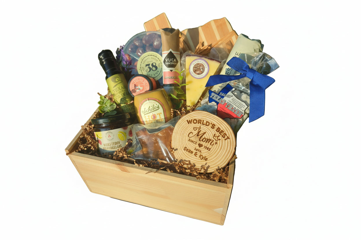 Hill Country Hugs for Mom personalized gift crate shown as a signature Texas Mother’s Day gift celebrating mom