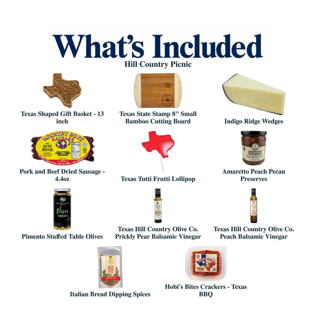 What's included in Hill Country Picnic from The Texas Gift Company: each included item individually labeled.