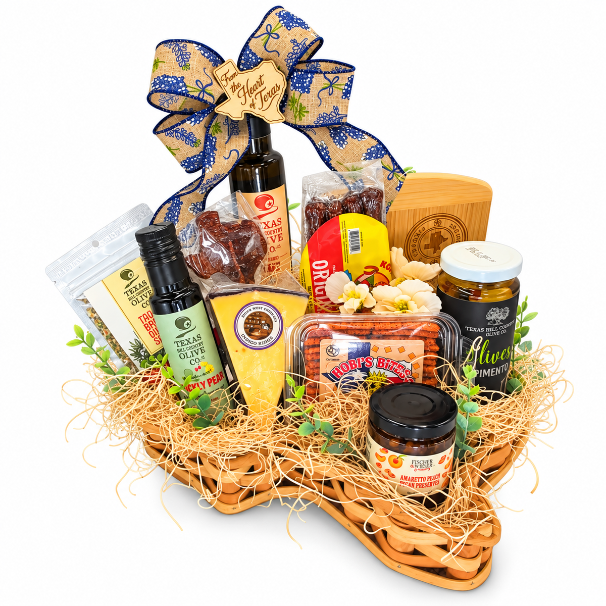 Hill Country Picnic — cheese, sausage and gourmet favorites in a 13-inch Texas-shaped basket on white