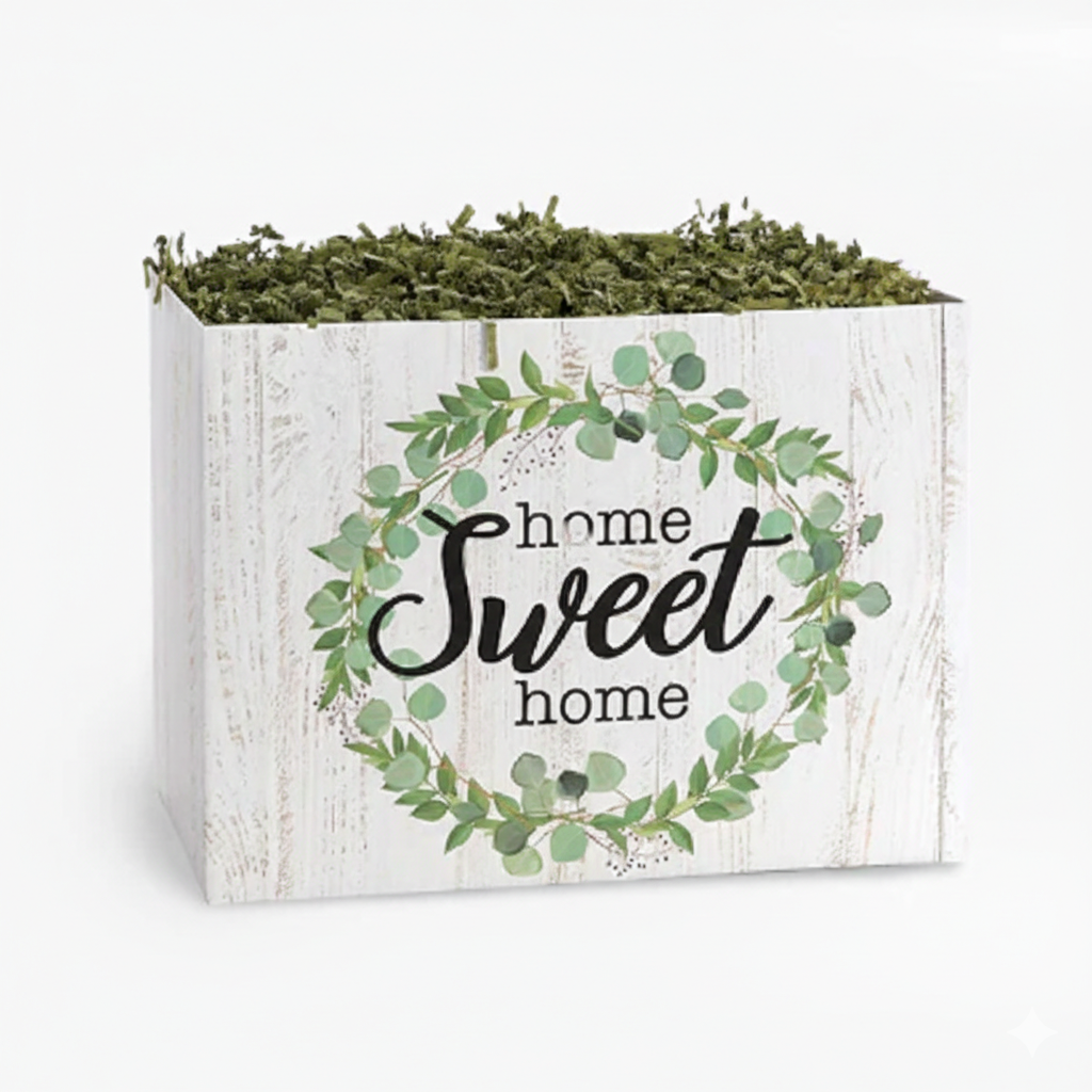 festive gift baskets box with 'home sweet home' text and greenery on a white background for texas gifting
