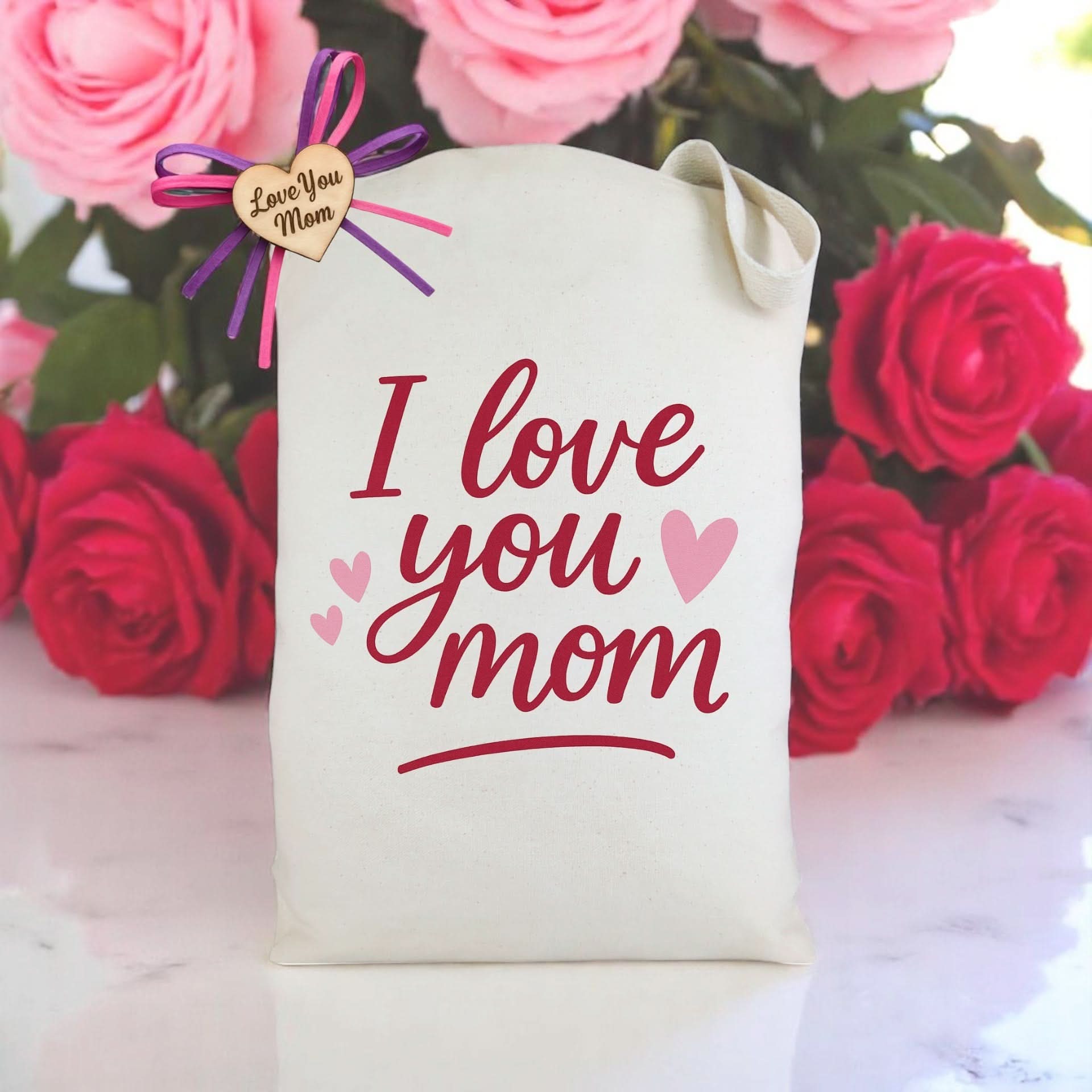I Love You Mom Tote Bag featured as a heartfelt gift celebrating motherhood