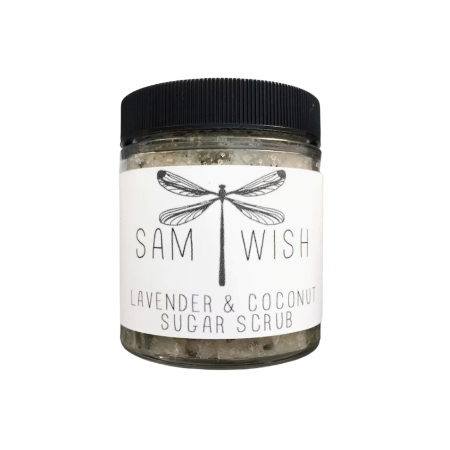 Lavender and coconut sugar scrub in a clear jar with black lid and dragonfly label, part of a Texas-inspired relaxing body care and spa gift collection.