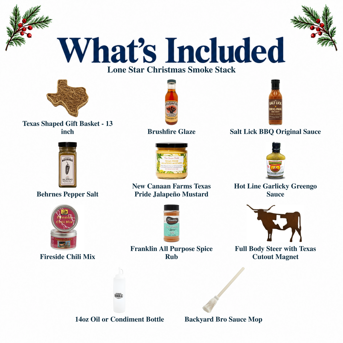 What's included in Lone Star Christmas Smoke Stack from The Texas Gift Company: each included item individually labeled.