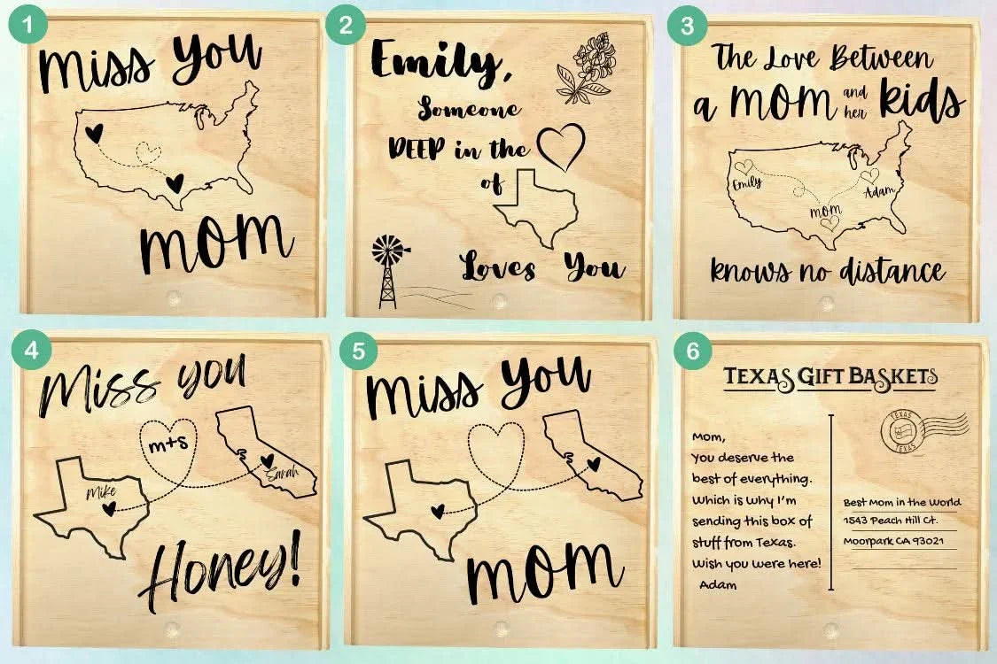 Grid of wooden keepsake box design variations featuring long-distance “Miss You Mom” messages, personalized names, heart-connected state illustrations, and Texas-themed branding, shown as selectable customization options.