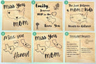 Grid of wooden keepsake box design variations featuring long-distance “Miss You Mom” messages, personalized names, heart-connected state illustrations, and Texas-themed branding, shown as selectable customization options.