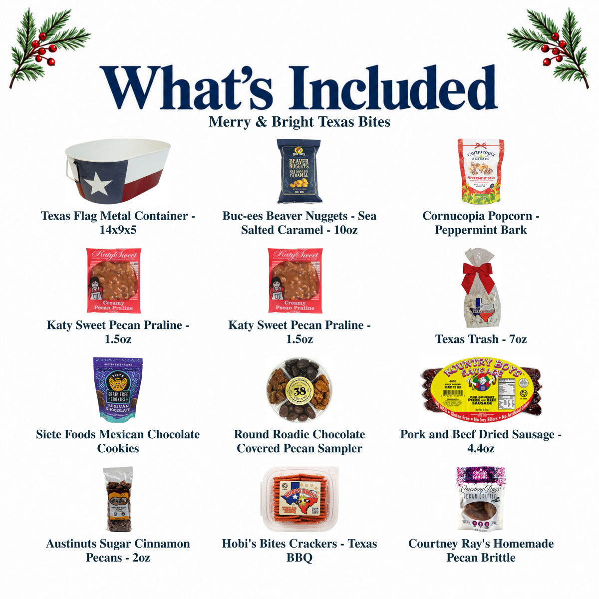 What's included in Merry & Bright Texas Bites from The Texas Gift Company: each included item individually labeled.