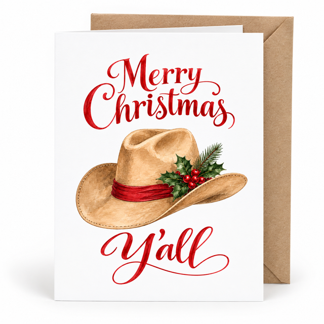 Merry Christmas Y’all — Cowboy Hat & Holly Greeting Card