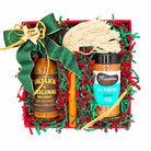 Merry Texmas BBQ Trio with Salt Lick sauce, Franklin rub and BBQ mop in a festive red tray on white