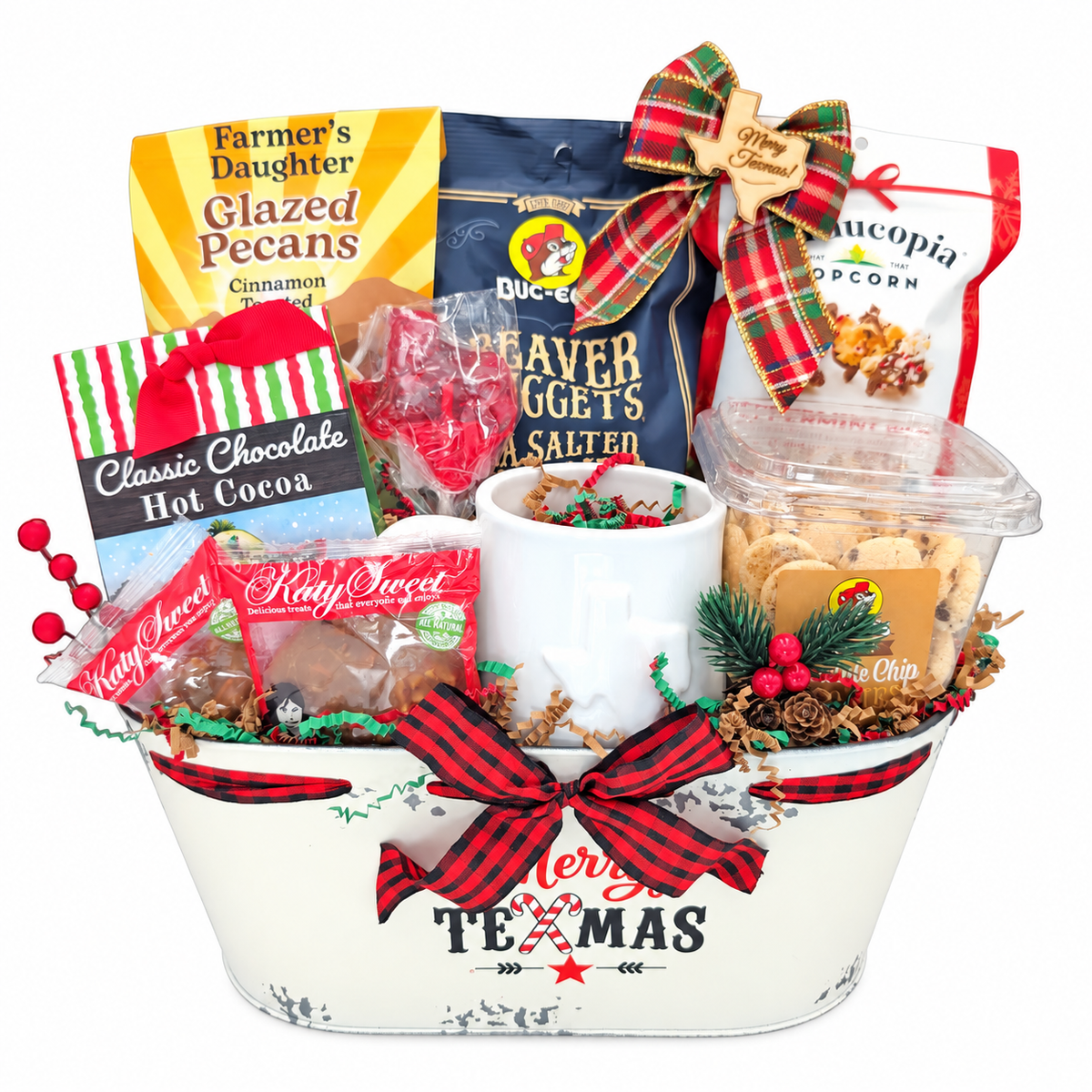 Merry Texmas Movie Night gift in a distressed white tin tub with buffalo check bow