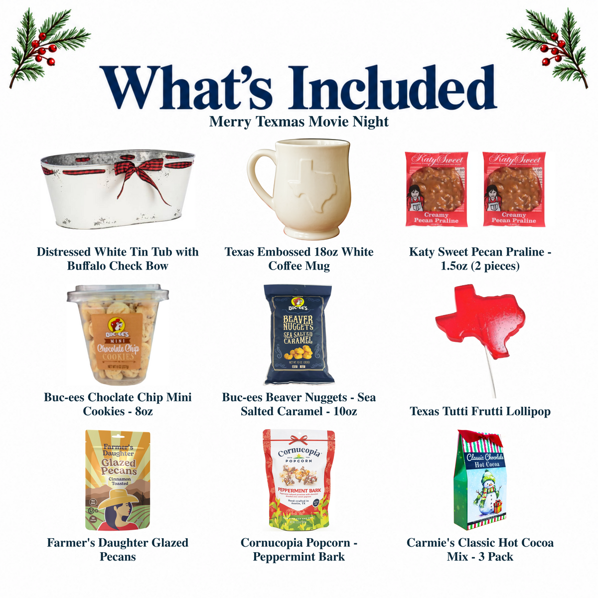 What's included in Merry Texmas Movie Night from The Texas Gift Company: each included item individually labeled.