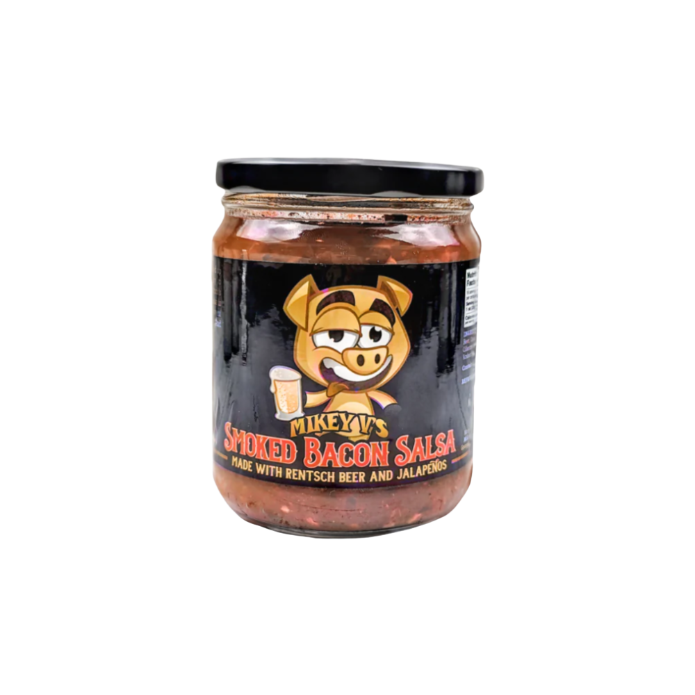 Mikey V’s smoked bacon salsa jar displayed as a bold Texas gourmet salsa gift from The Texas Gift Company storefront