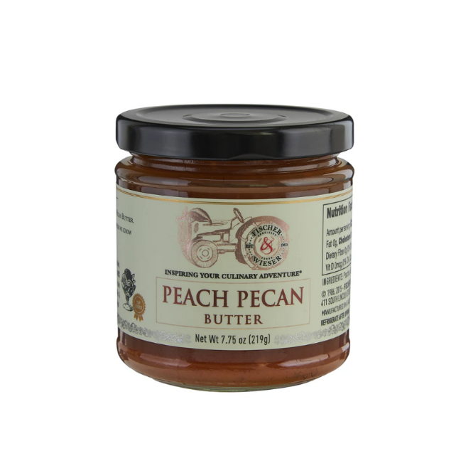 Peach pecan butter jar displayed as a gourmet Texas food gift from The Texas Gift Company storefront