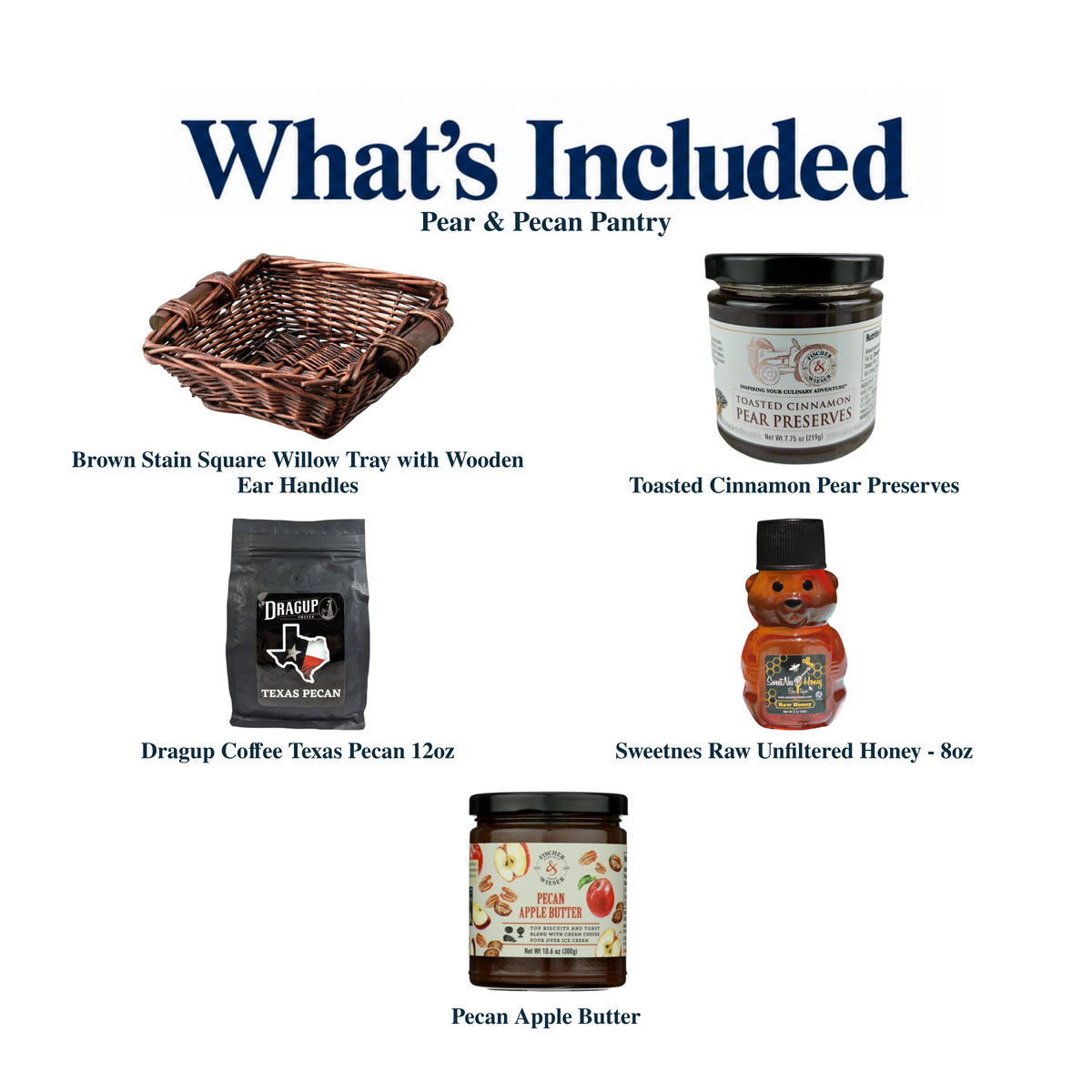 What's included in Pear & Pecan Pantry from The Texas Gift Company: each included item individually labeled.