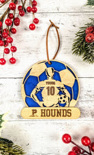 Peaster ISD athletics custom ornament In blue colour displayed as a personalized Texas school keepsake from The Texas Gift Company storefront