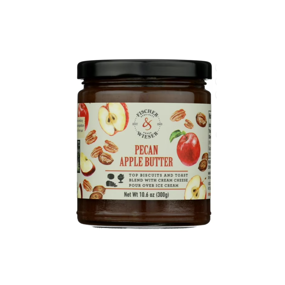 Jar of pecan apple butter displayed as a gourmet Texas food gift from The Texas Gift Company storefront