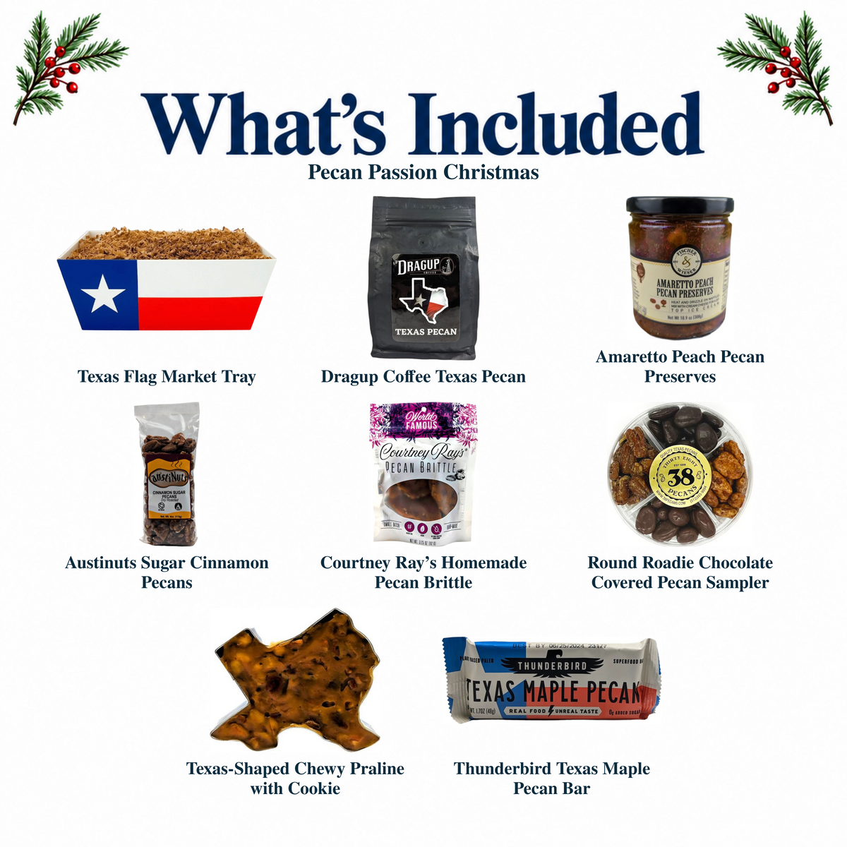 What's included in Pecan Passion Christmas from The Texas Gift Company: each included item individually labeled.