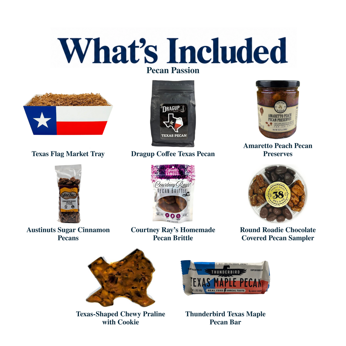 What's included in Pecan Passion from The Texas Gift Company: each included item individually labeled.
