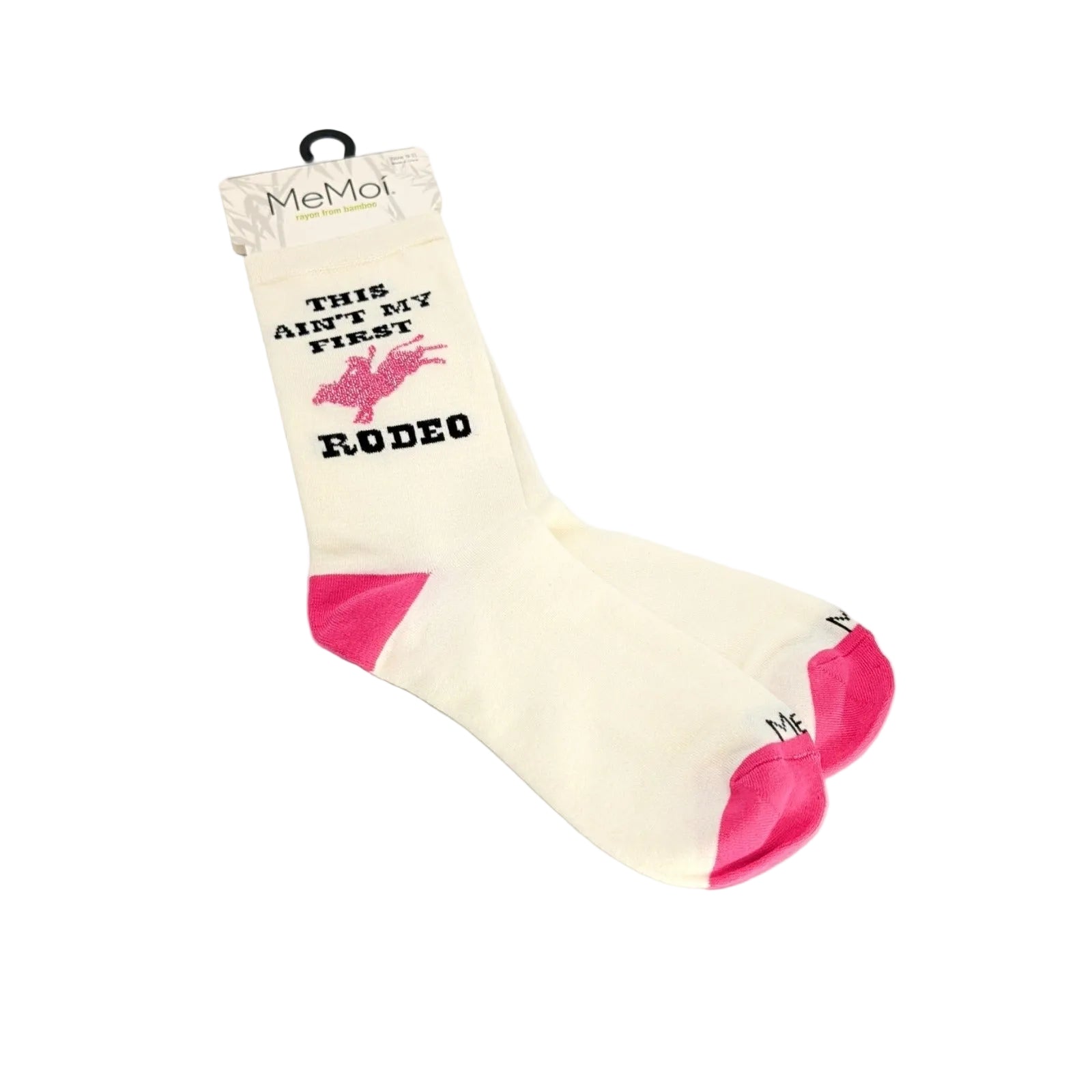 Cream bamboo socks with pink heels and toes featuring a cowgirl silhouette and the phrase “This Ain’t My First Rodeo,” shown as a matching pair on a white background.