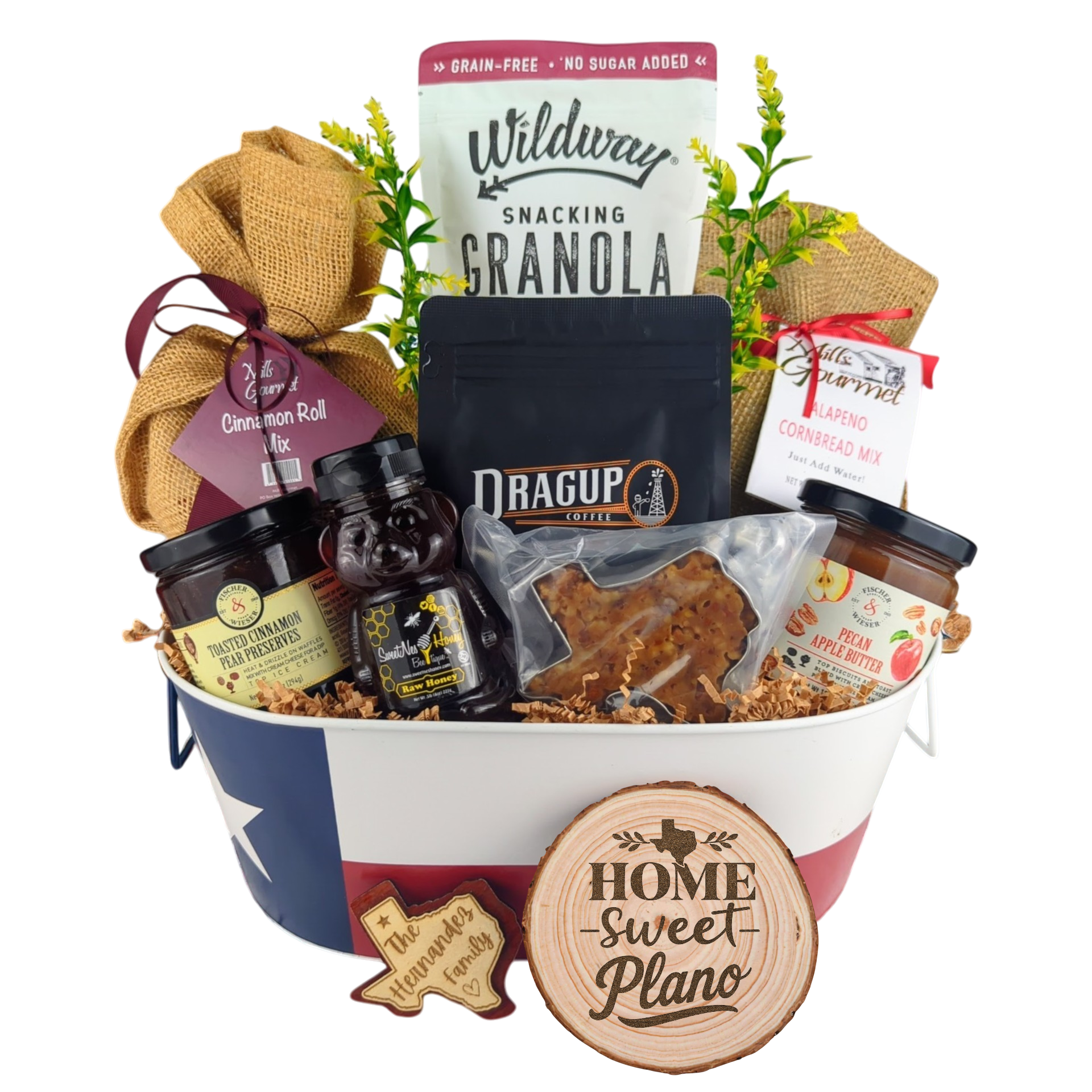 Plano Texas Breakfast Basket on a white background