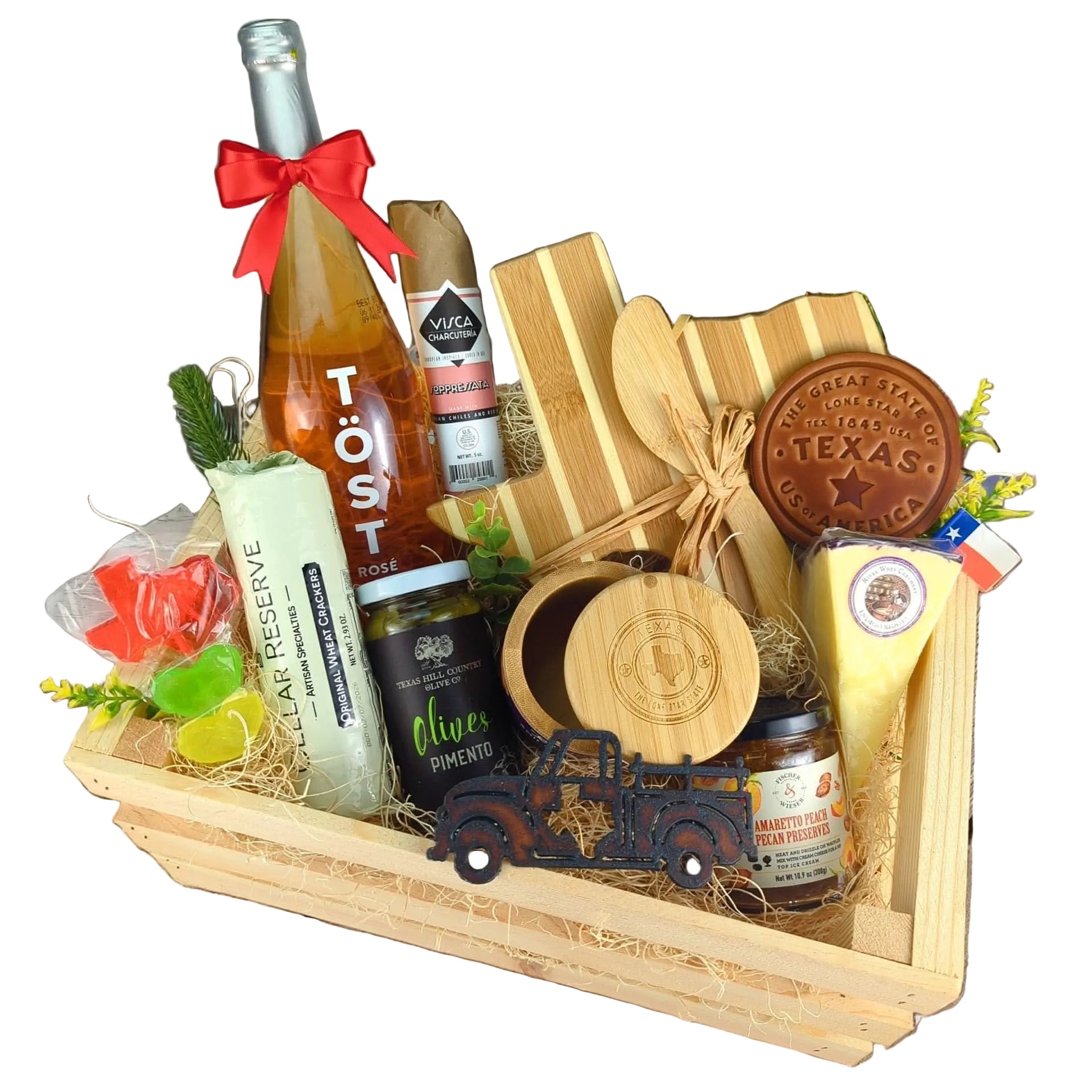 Grazing crate with savory and sweet Texas flavors displayed for sharing