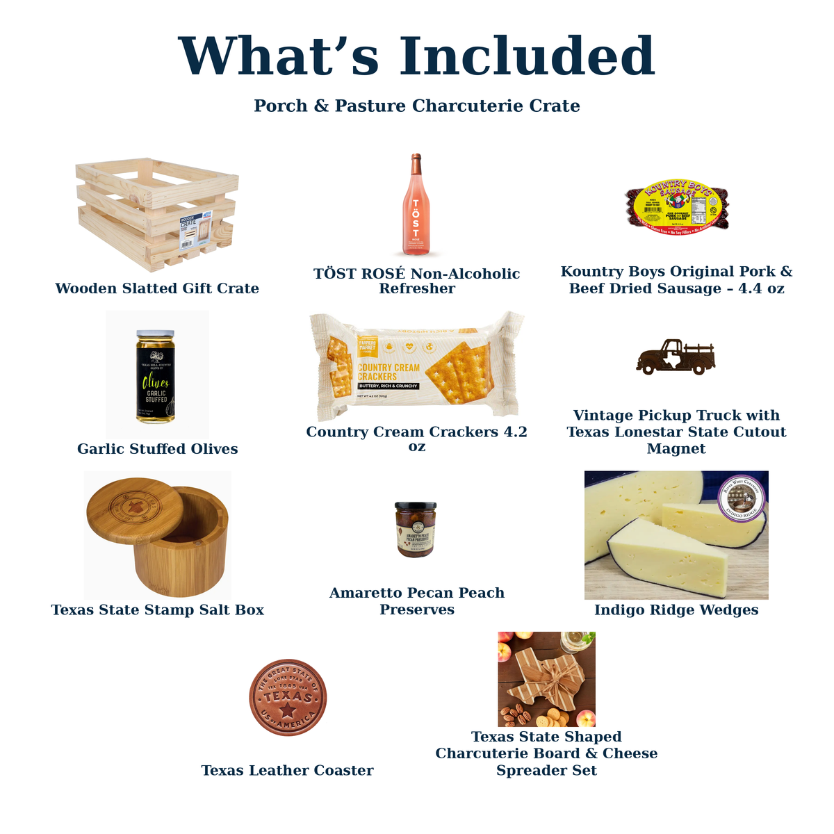 What's Included in Porch & Pasture Charcuterie Crate — Country Cream Crackers 4.2 oz and each current gift item.