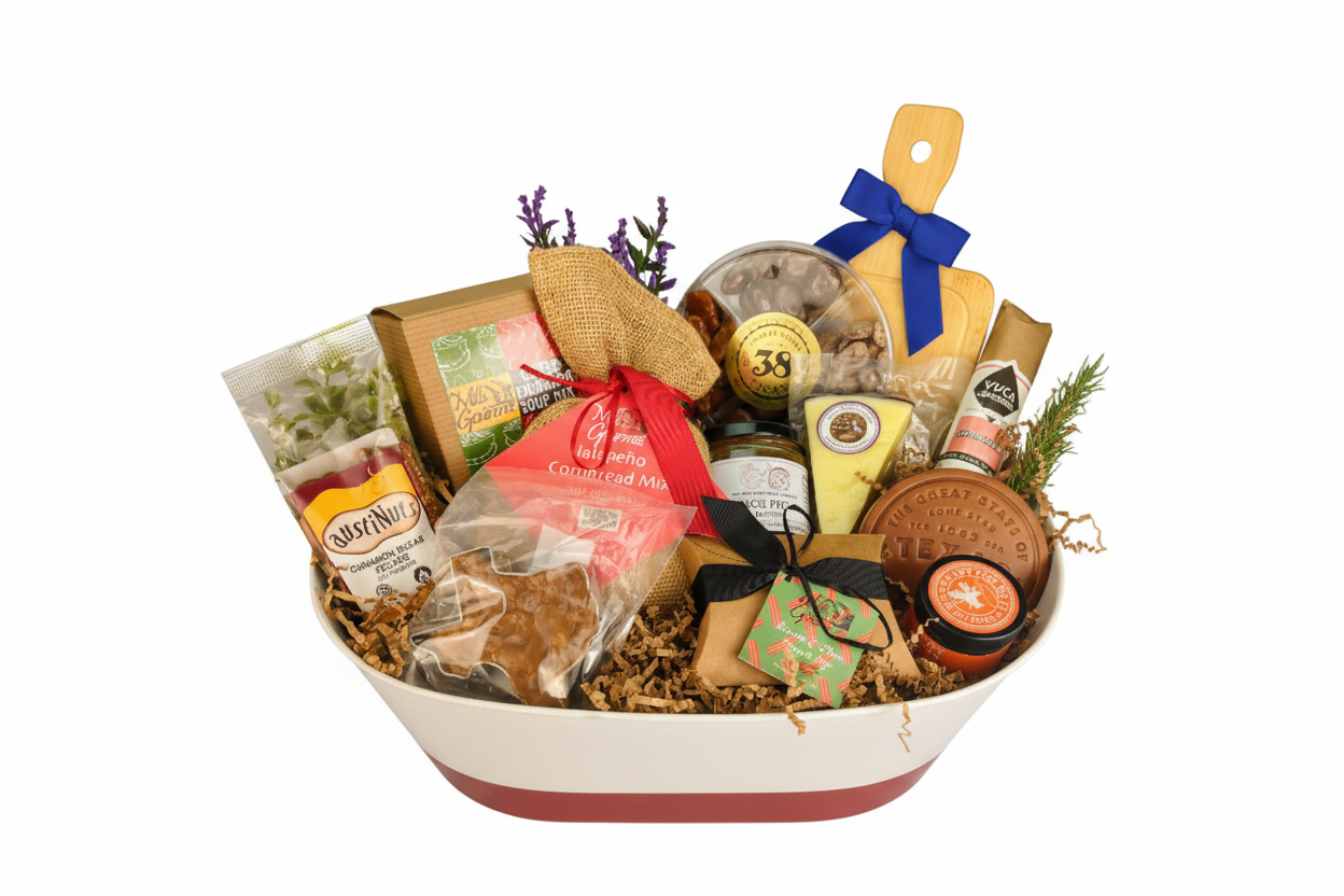 The Ranchhouse Charcuterie Basket arranged with savory Texas-inspired grazing items