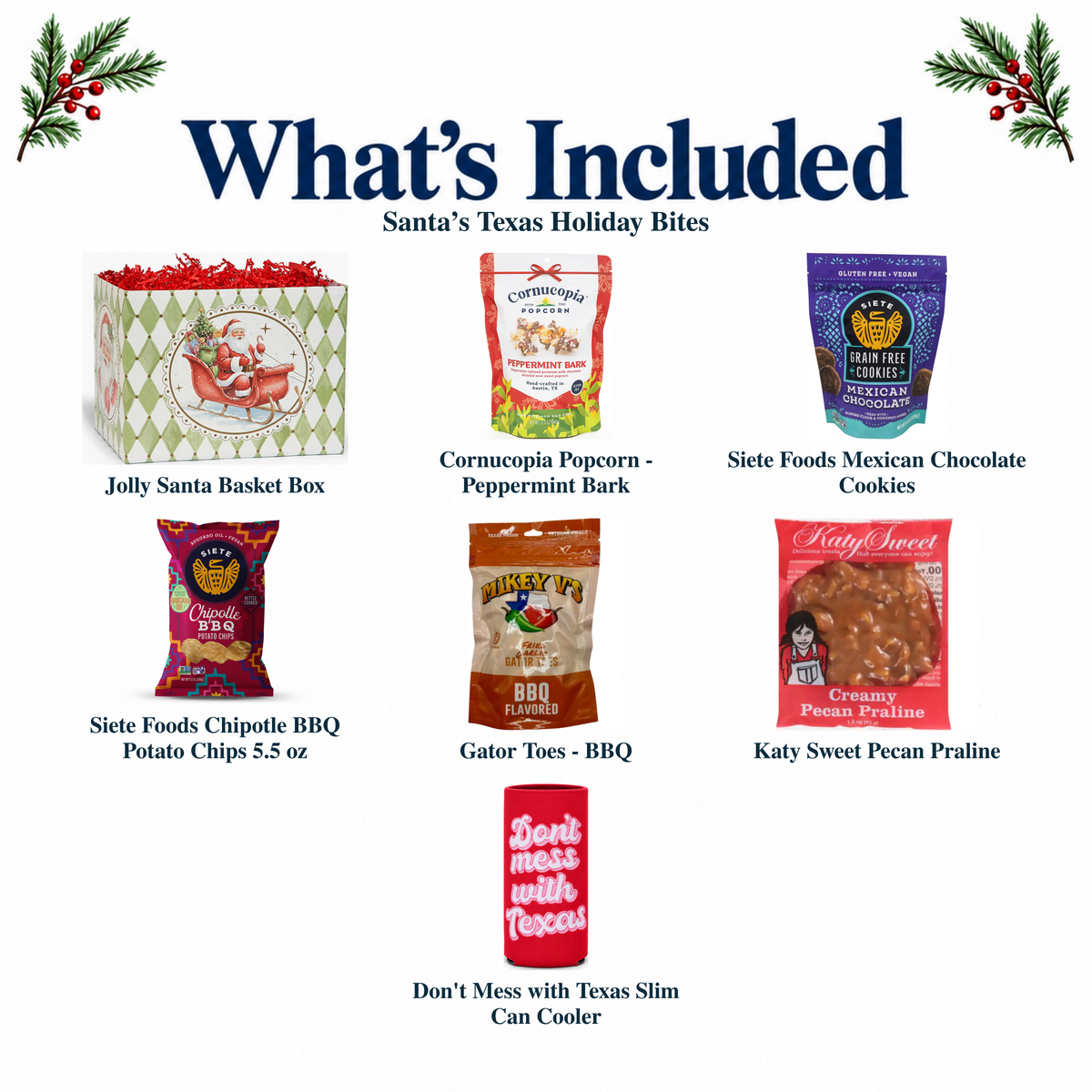 What's included in Santa’s Texas Holiday Bites from The Texas Gift Company: each included item individually labeled.