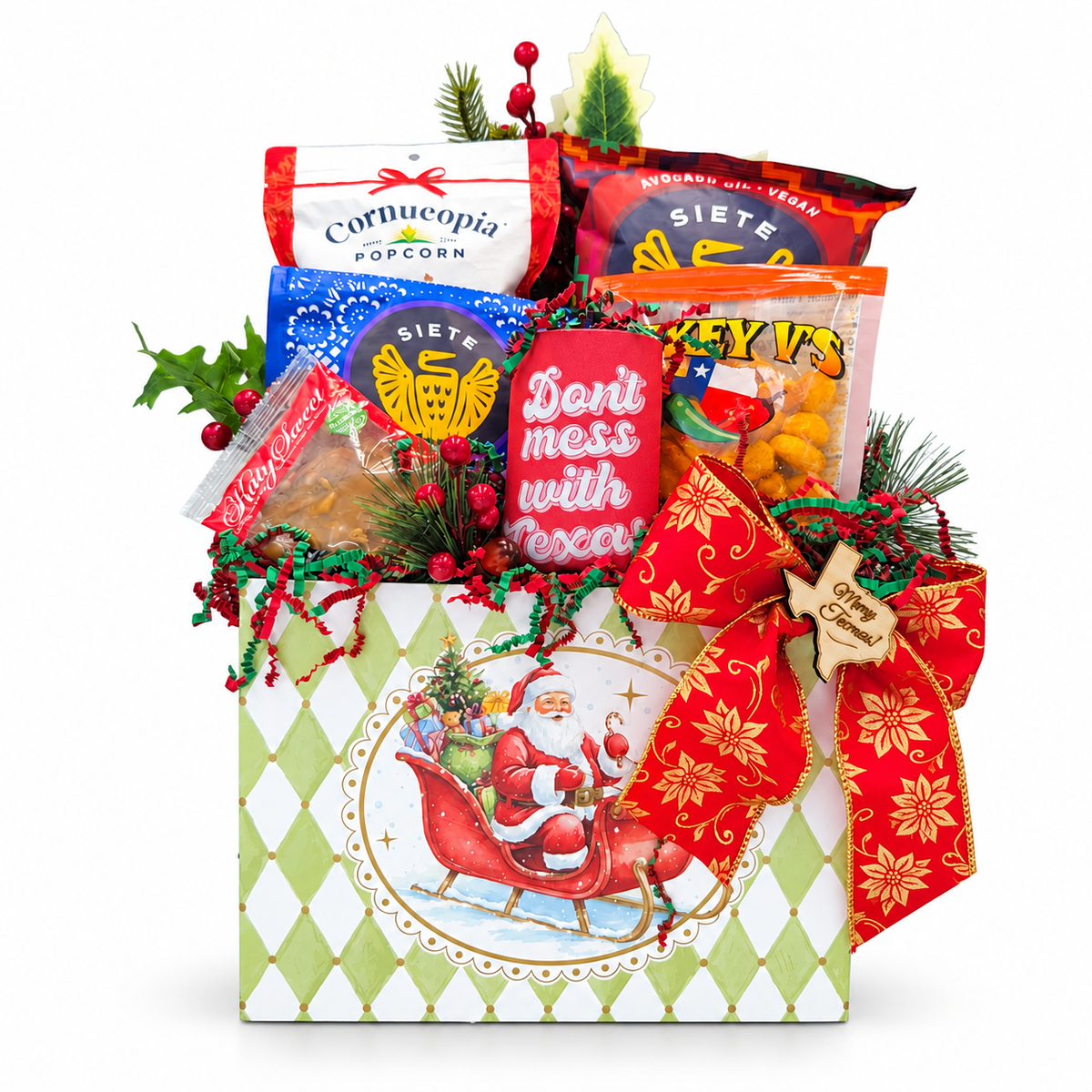 Santa’s Texas Holiday Bites in a festive Santa basket box on white