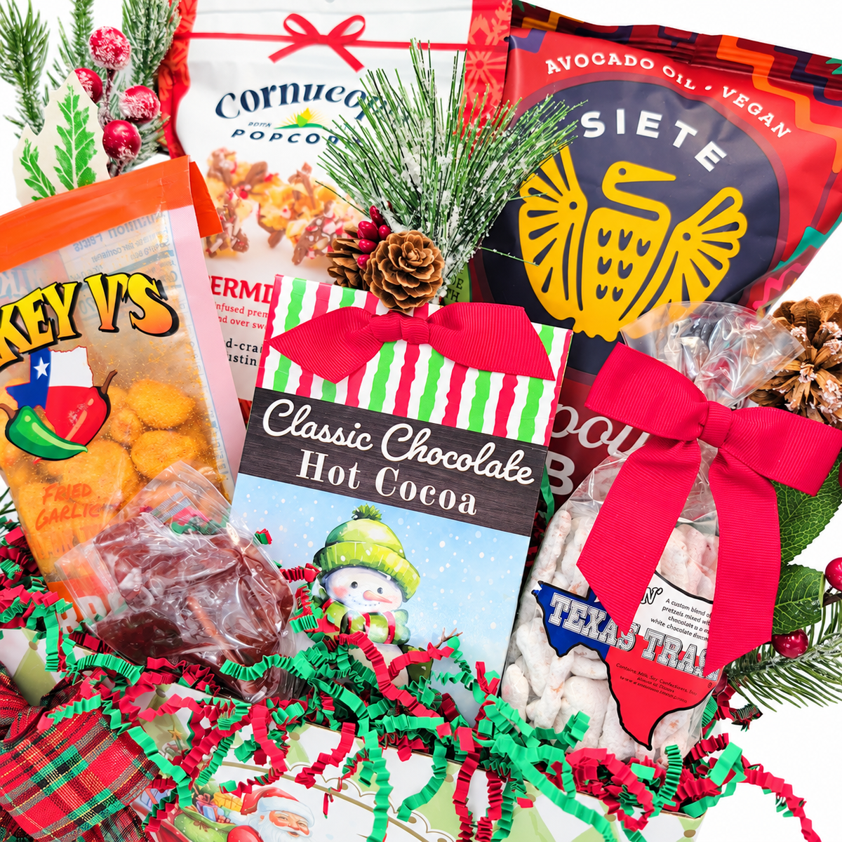 Detail of Santa’s Texas Snack Box with cocoa, cookies, popcorn and savory snacks