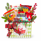 Santa’s Texas Snack Box with six snacks, Santa basket box and plaid bow on white